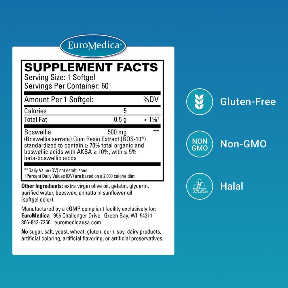 Close-up of EuroMedica BosPro softgels highlights 500 mg extract.