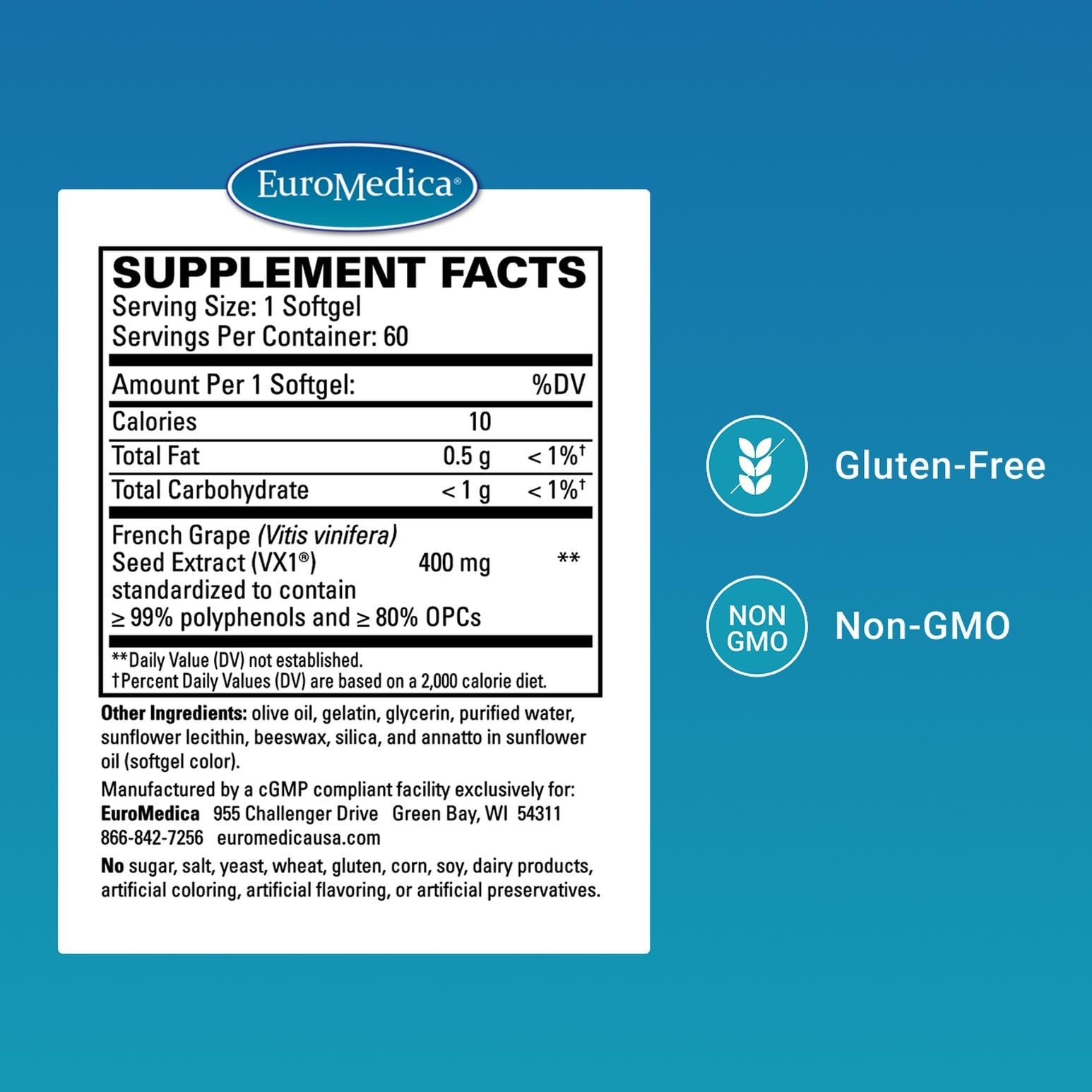 EuroMedica Clinical OPC softgels close-up for convenient daily capsules.