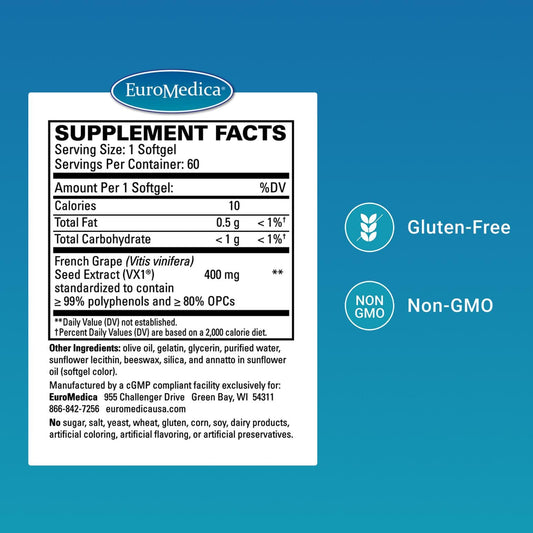 EuroMedica Clinical OPC softgels close-up for convenient daily capsules.