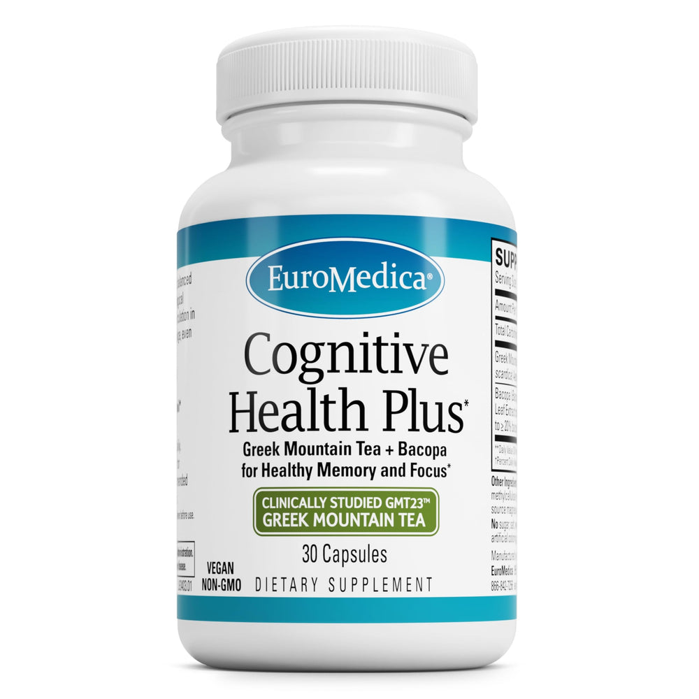 EuroMedica Cognitive Health Plus bottle with capsules for daily focus support.