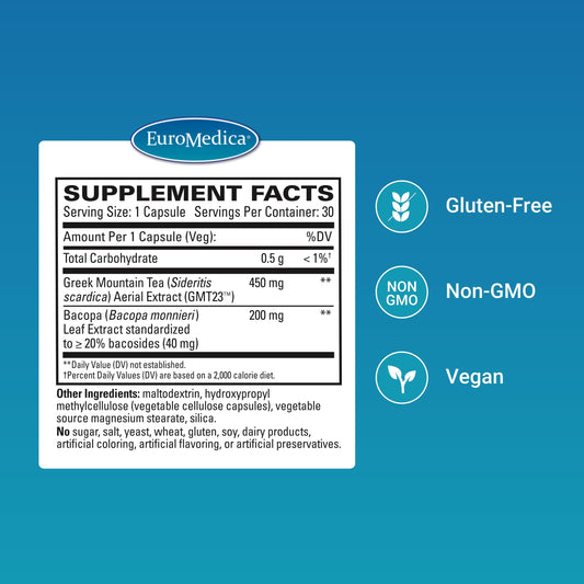 EuroMedica Cognitive Health Plus capsules shown for memory and concentration support.