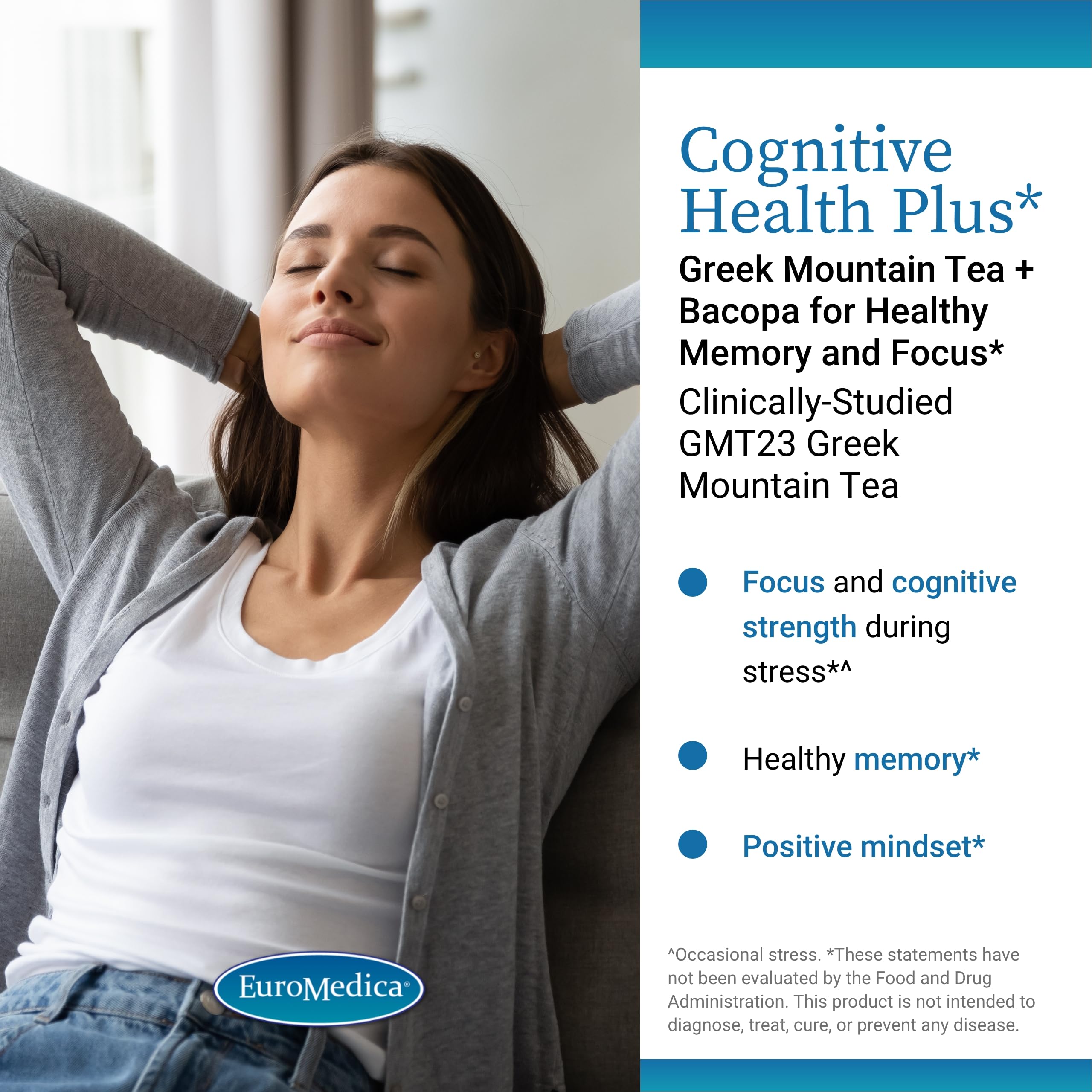 EuroMedica Cognitive Health Plus label highlighting vegan, non-GMO ingredients.