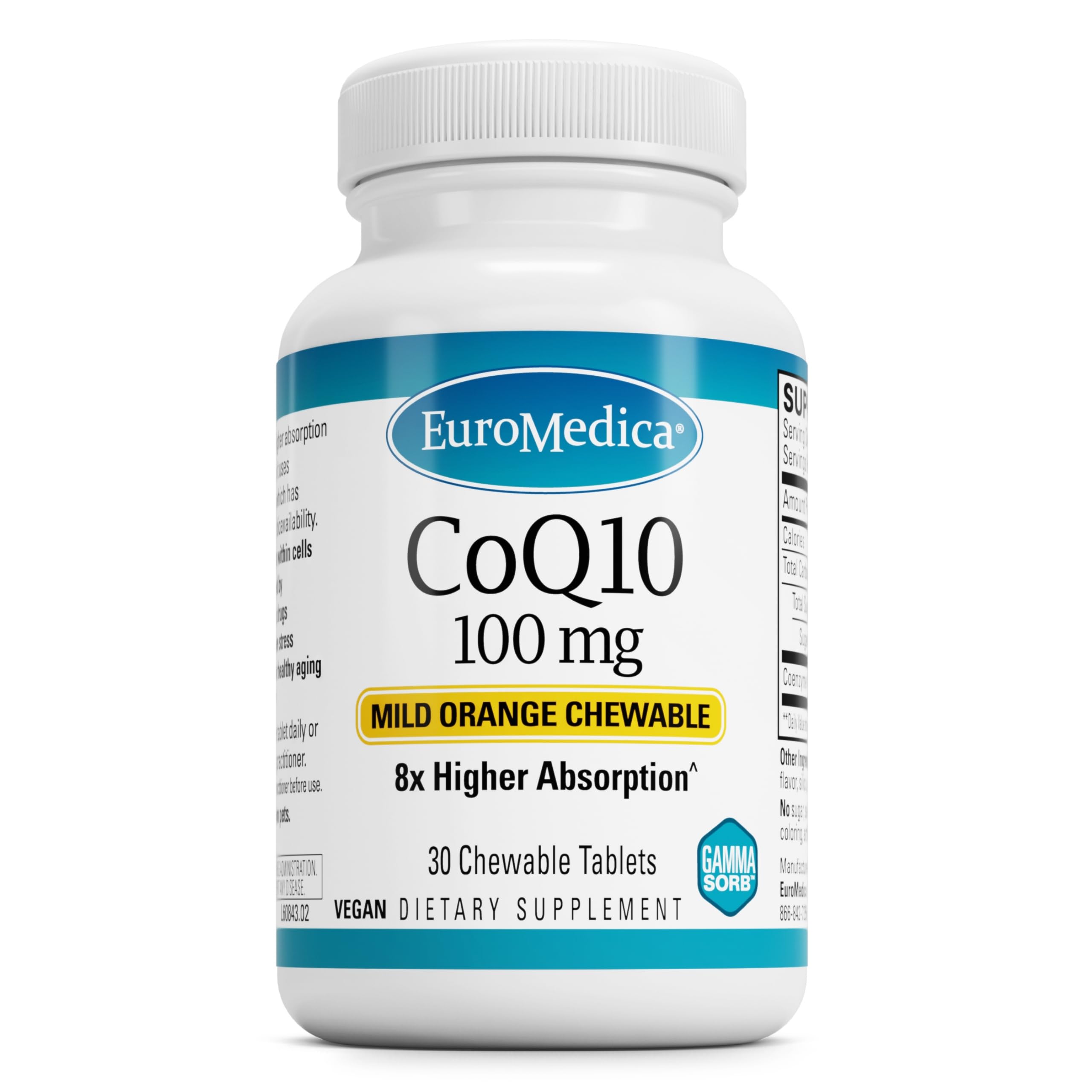 EuroMedica CoQ10 100 mg bottle promotes cellular energy support.