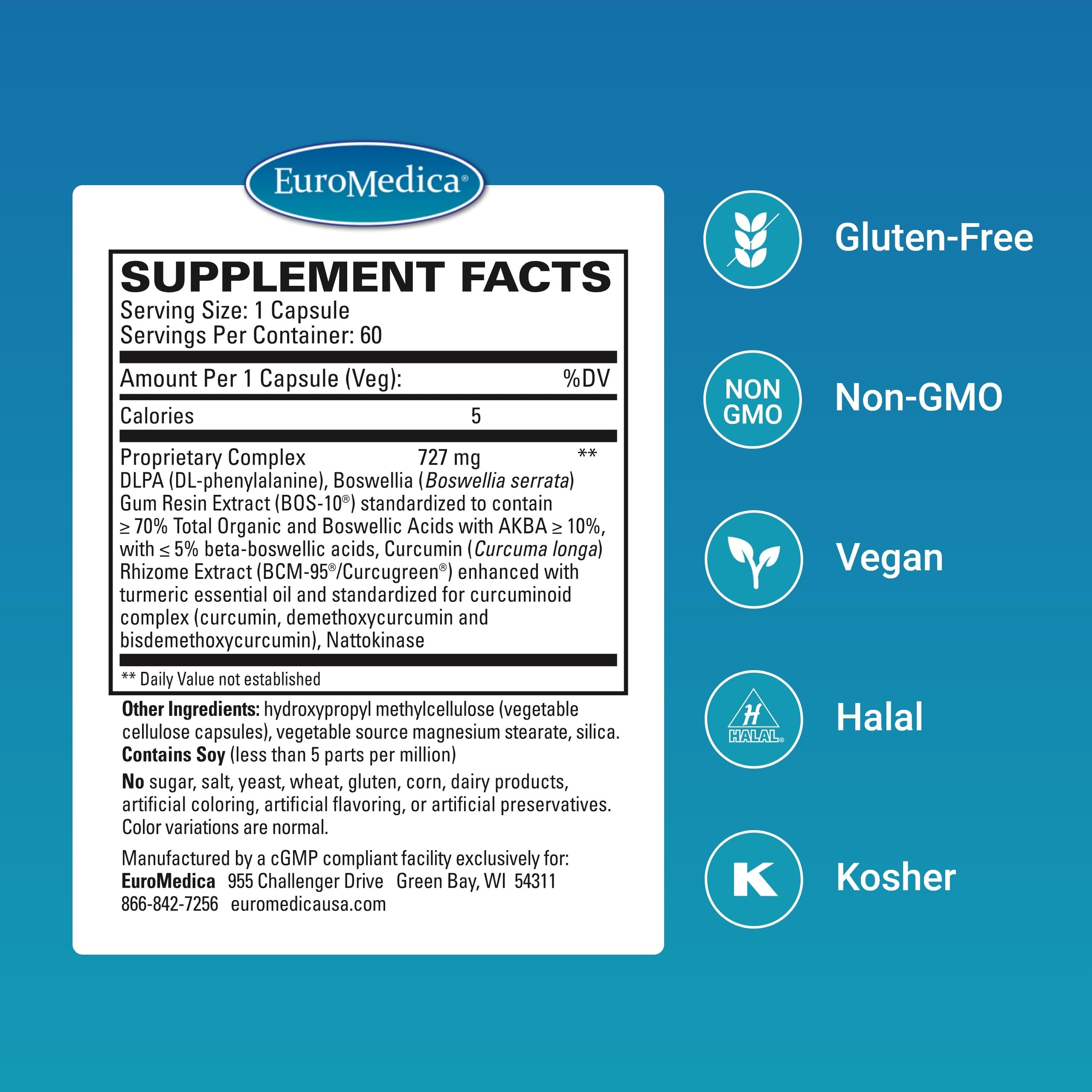 Close-up of EuroMedica Curaphen bottle label highlighting BCM-95 curcumin.