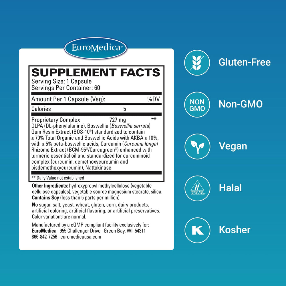 Close-up of EuroMedica Curaphen bottle label highlighting BCM-95 curcumin.