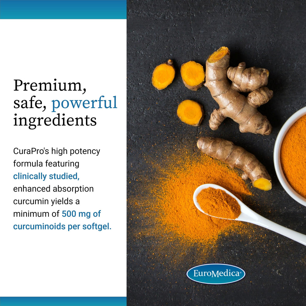 Euromedica CuraPro ingredient view featuring turmeric oil and phospholipids that aid absorption.