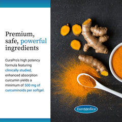Euromedica CuraPro ingredient view featuring turmeric oil and phospholipids that aid absorption.