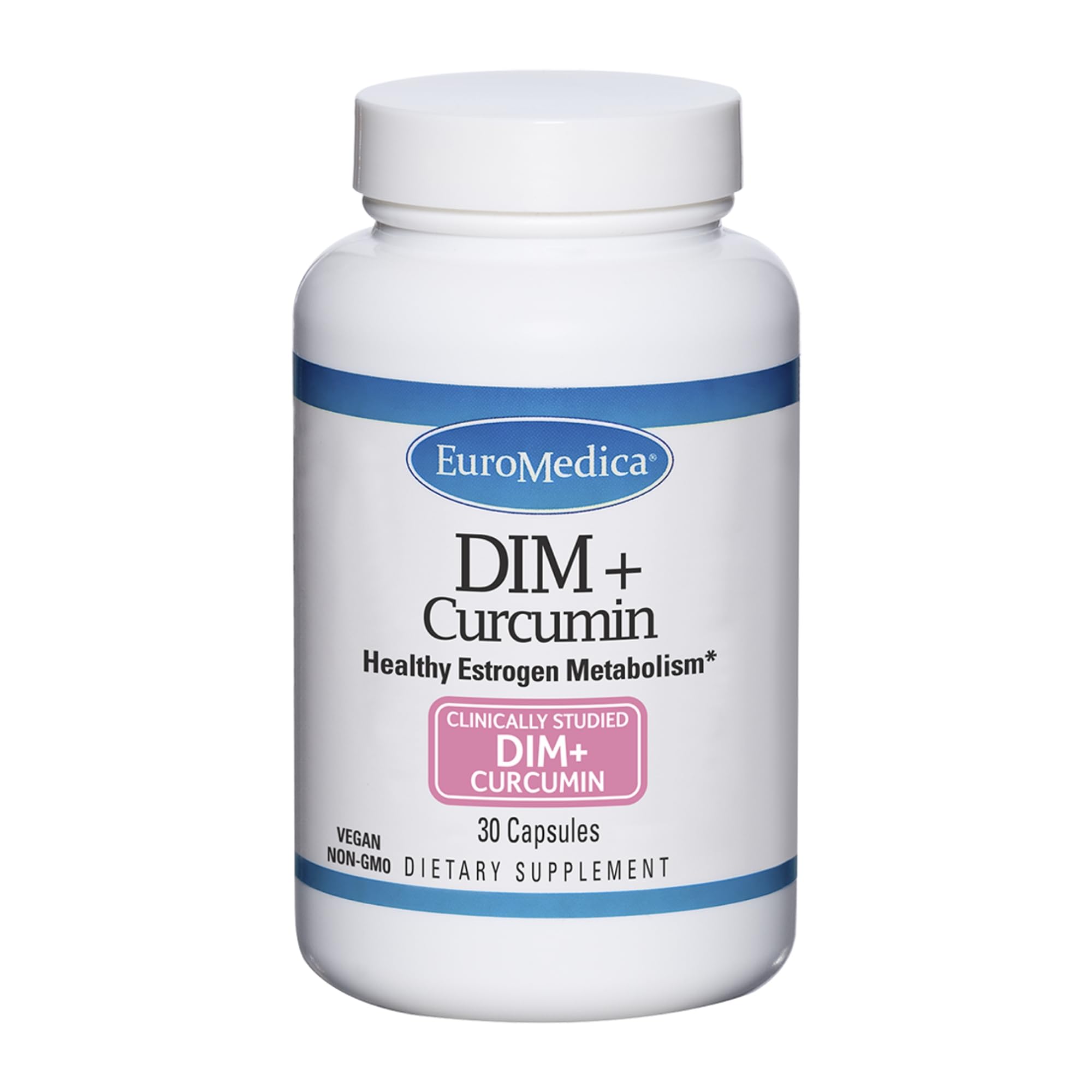 EuroMedica DIM Curcumin bottle front, signaling estrogen balance support for daily wellness.