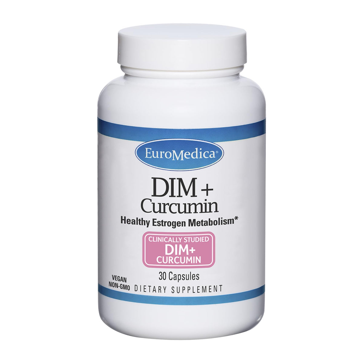 EuroMedica DIM Curcumin bottle front, signaling estrogen balance support for daily wellness.