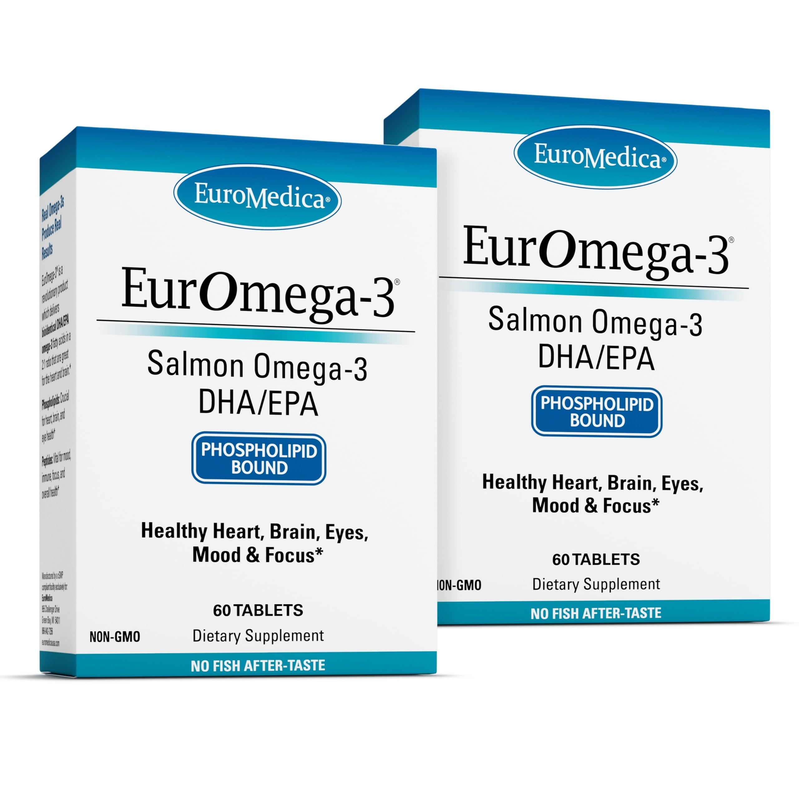 EuroMedica EurOmega-3 bottle with 60 tablets for daily brain and heart support.