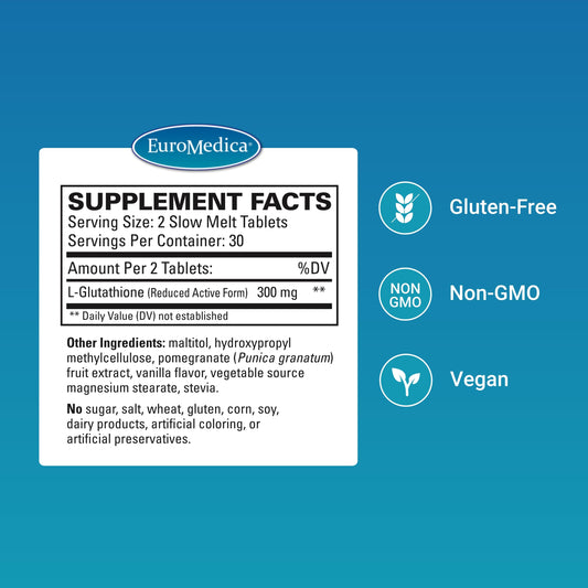 EuroMedica Glutathione bottle back label with ingredients and allergen-free promise