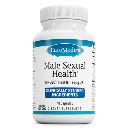 EuroMedica Male Health HRG80 red ginseng capsules on white surface for energy support