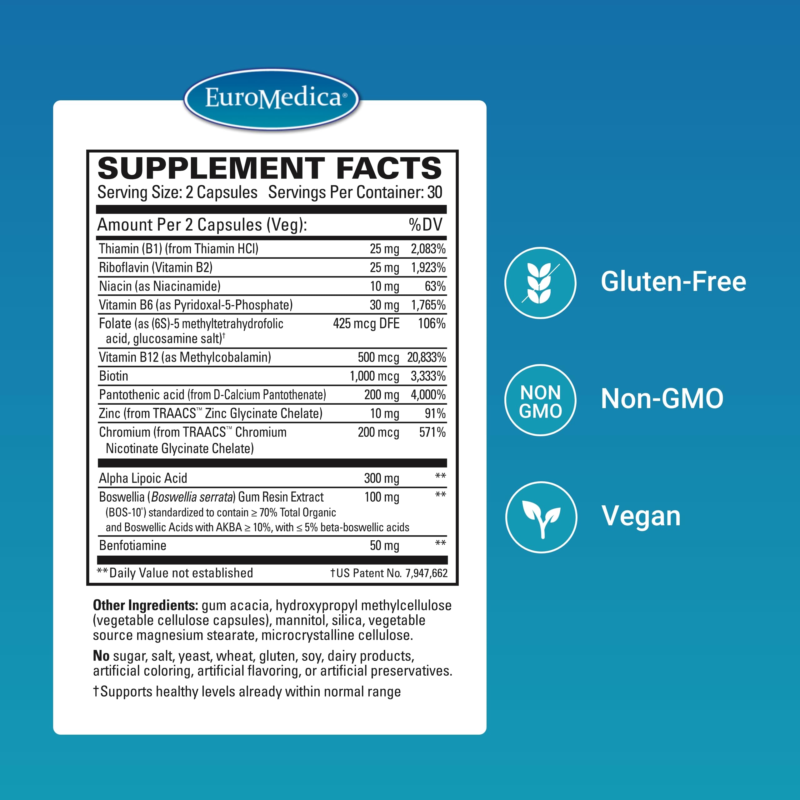 Closeup of EuroMedica Nerve Complex capsules highlighting vegan formula