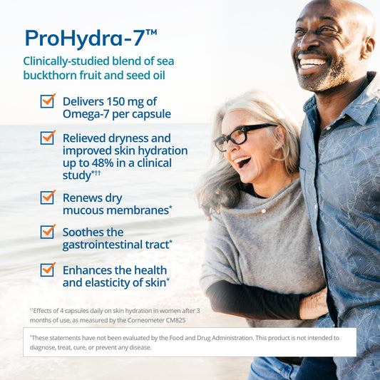 EuroMedica ProHydra-7 softgels close up emphasizing omega-7 capsules