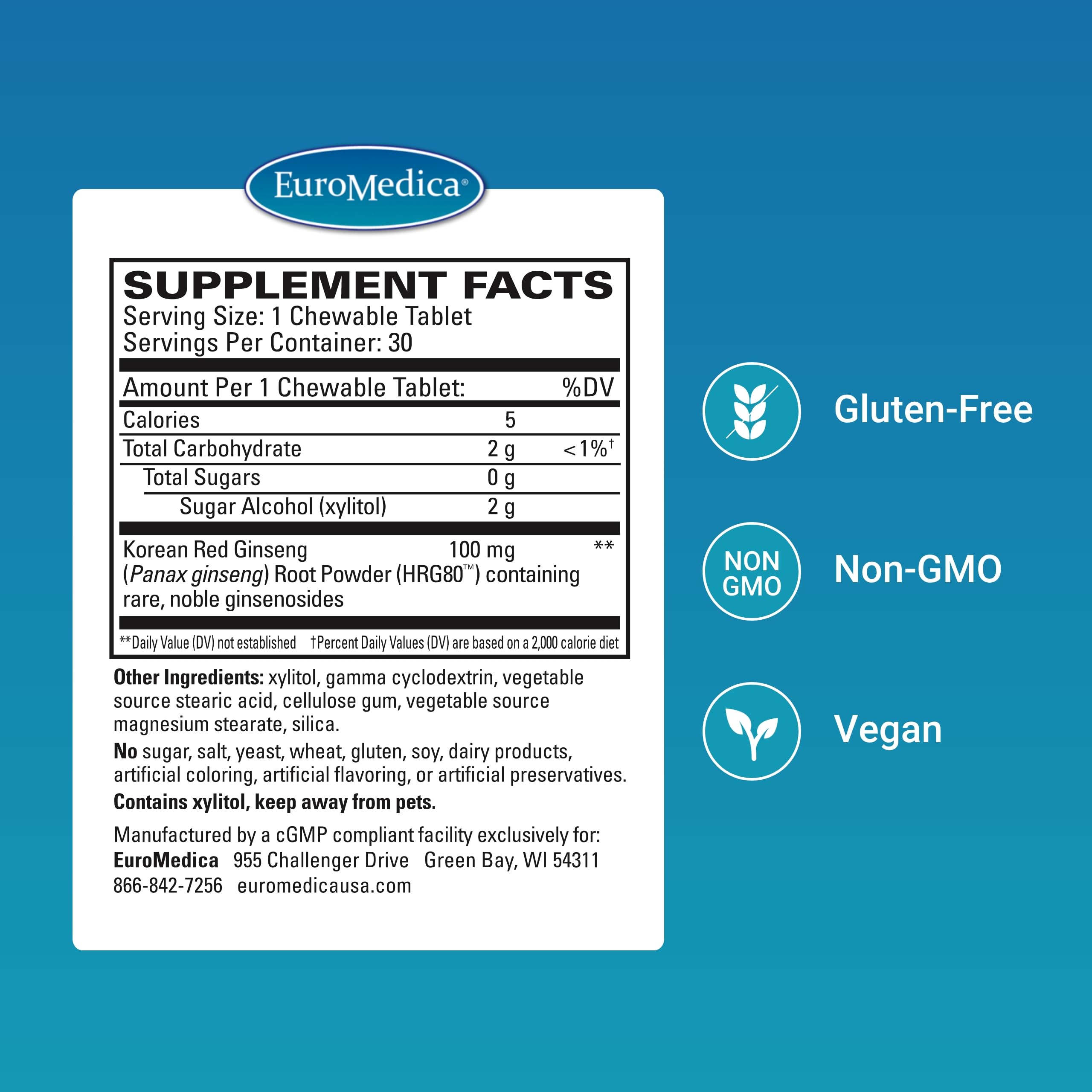 EuroMedica Red Ginseng Energy tablets close-up highlighting fast-absorbing ginsenosides.