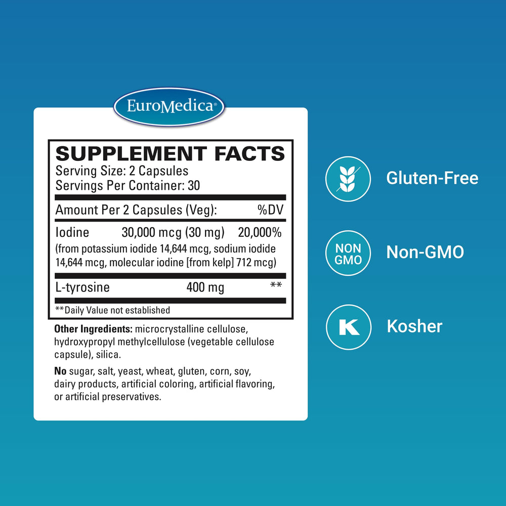 EuroMedica Thyroid Care label highlighting ingredients like iodine and L-tyrosine for thyroid support.