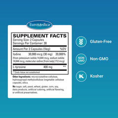 EuroMedica Thyroid Care label highlighting ingredients like iodine and L-tyrosine for thyroid support.