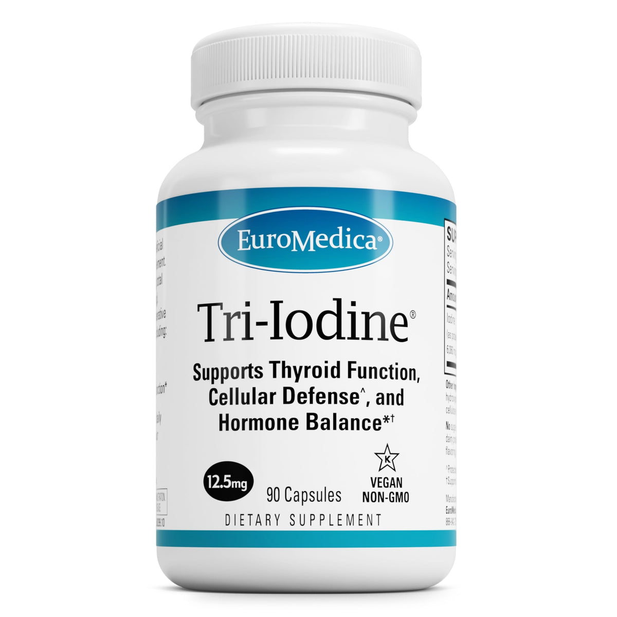 EuroMedica Tri-Iodine bottle close-up highlighting three iodine forms for daily wellness