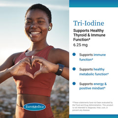 Capsules beside EuroMedica Tri-Iodine bottle for convenient daily use.