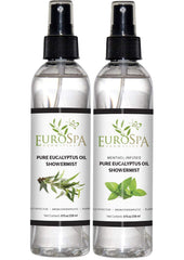 EuroSpa Aromatics pure eucalyptus oil bottle pour, delivering refreshing aroma for a spa-like shower.