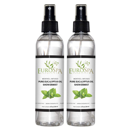EuroSpa Aromatics Pure Eucalyptus Oil bottle for refreshing shower experiences.