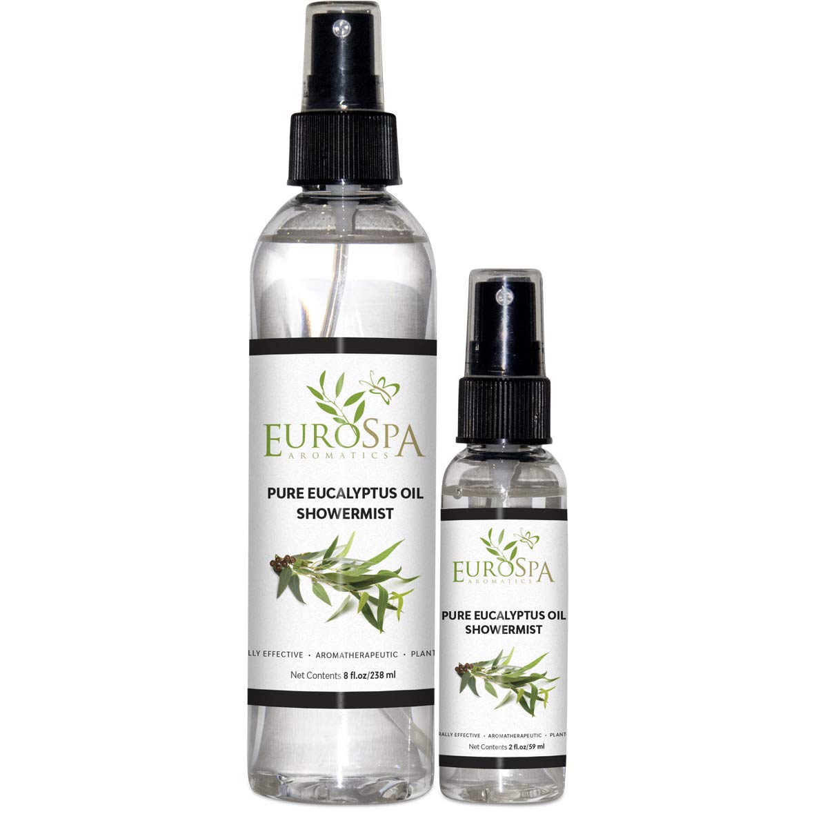 EuroSpa Aromatics Pure Eucalyptus ShowerMist bottle (8oz) for energizing home aromatherapy.