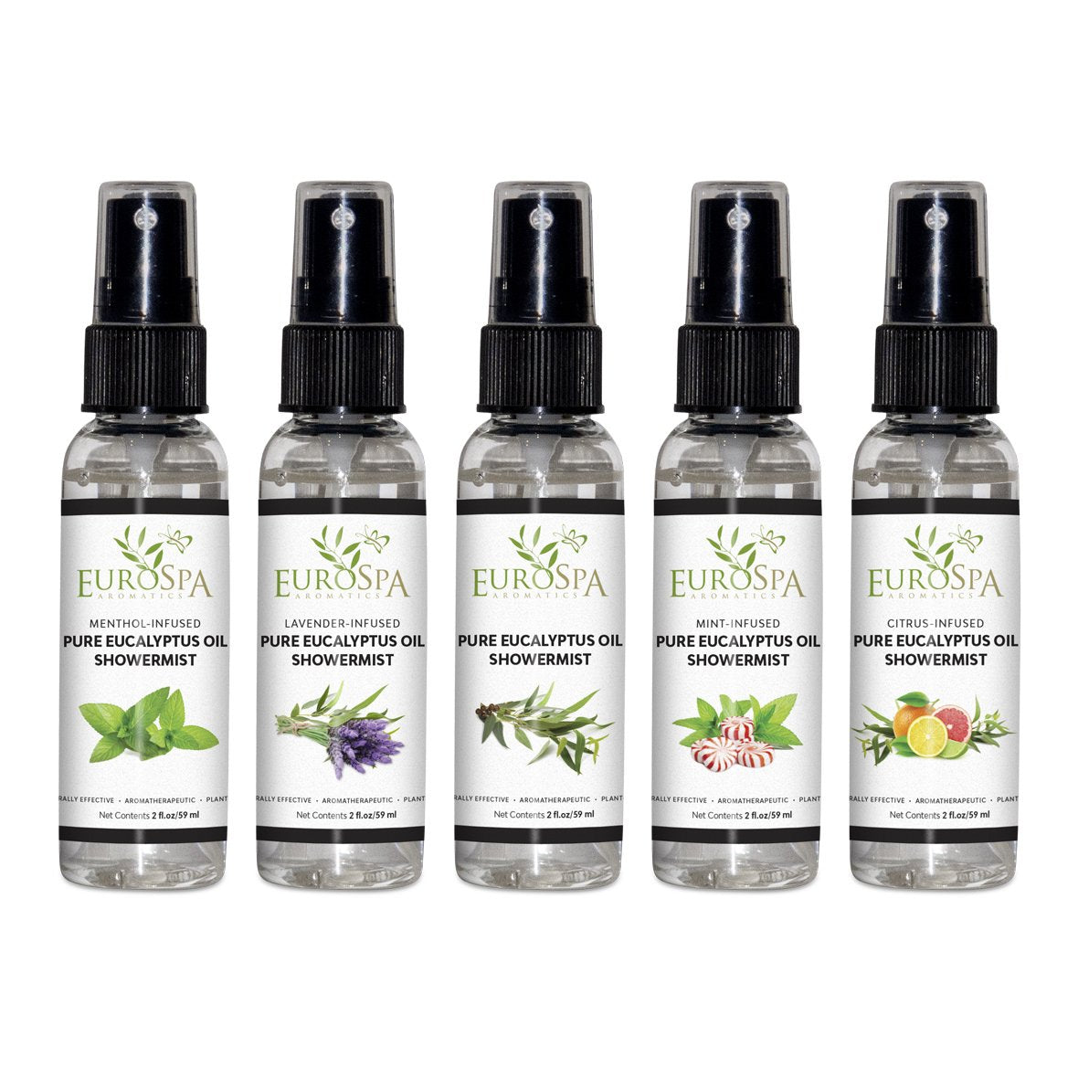 EuroSpa Aromatics Pure Eucalyptus ShowerMist bottle pour for a refreshing, spa-like experience during showers.