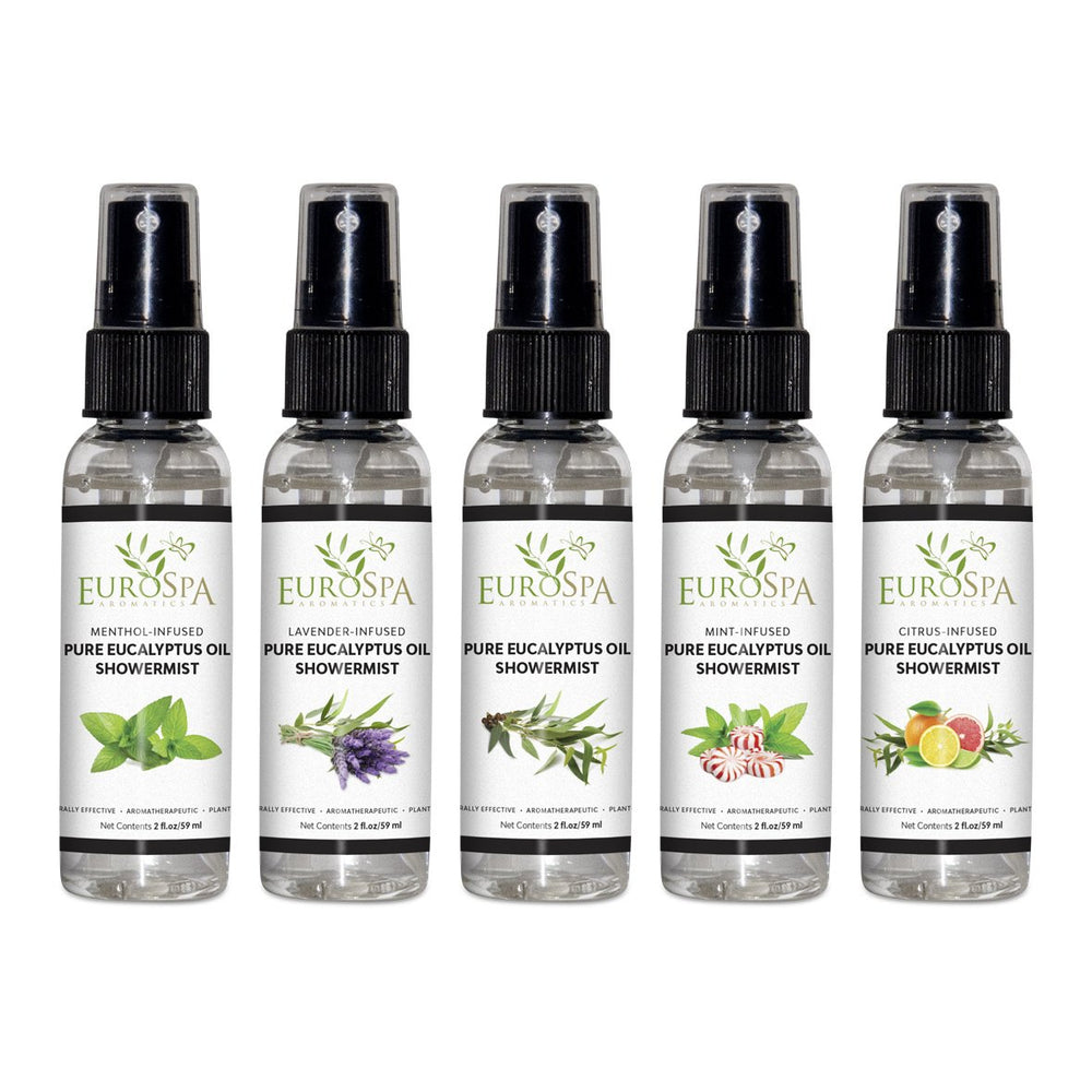 EuroSpa Aromatics Pure Eucalyptus ShowerMist bottle pour for a refreshing, spa-like experience during showers.
