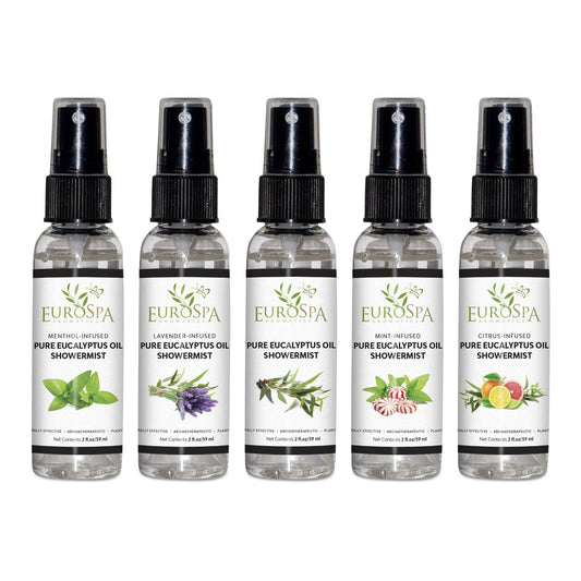EuroSpa Aromatics Pure Eucalyptus ShowerMist bottle pour for a refreshing, spa-like experience during showers.