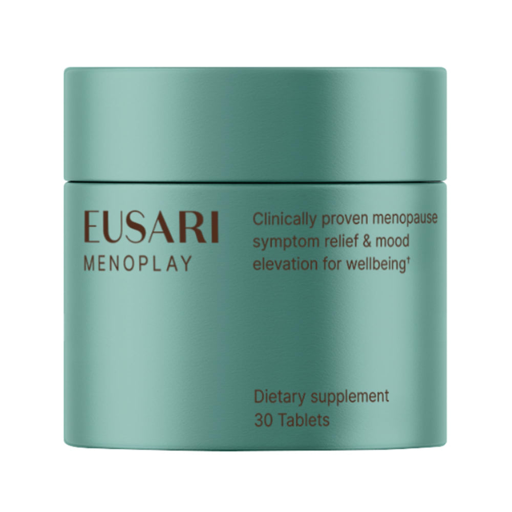 Eusari Menoplay bottle closeup showing compact tablets for convenient daily relief