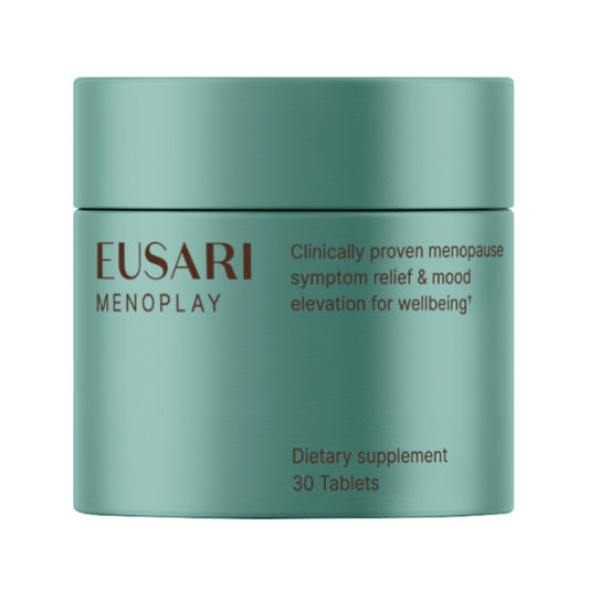 Eusari Menoplay bottle closeup showing compact tablets for convenient daily relief