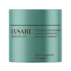Eusari Menoplay bottle closeup showing compact tablets for convenient daily relief