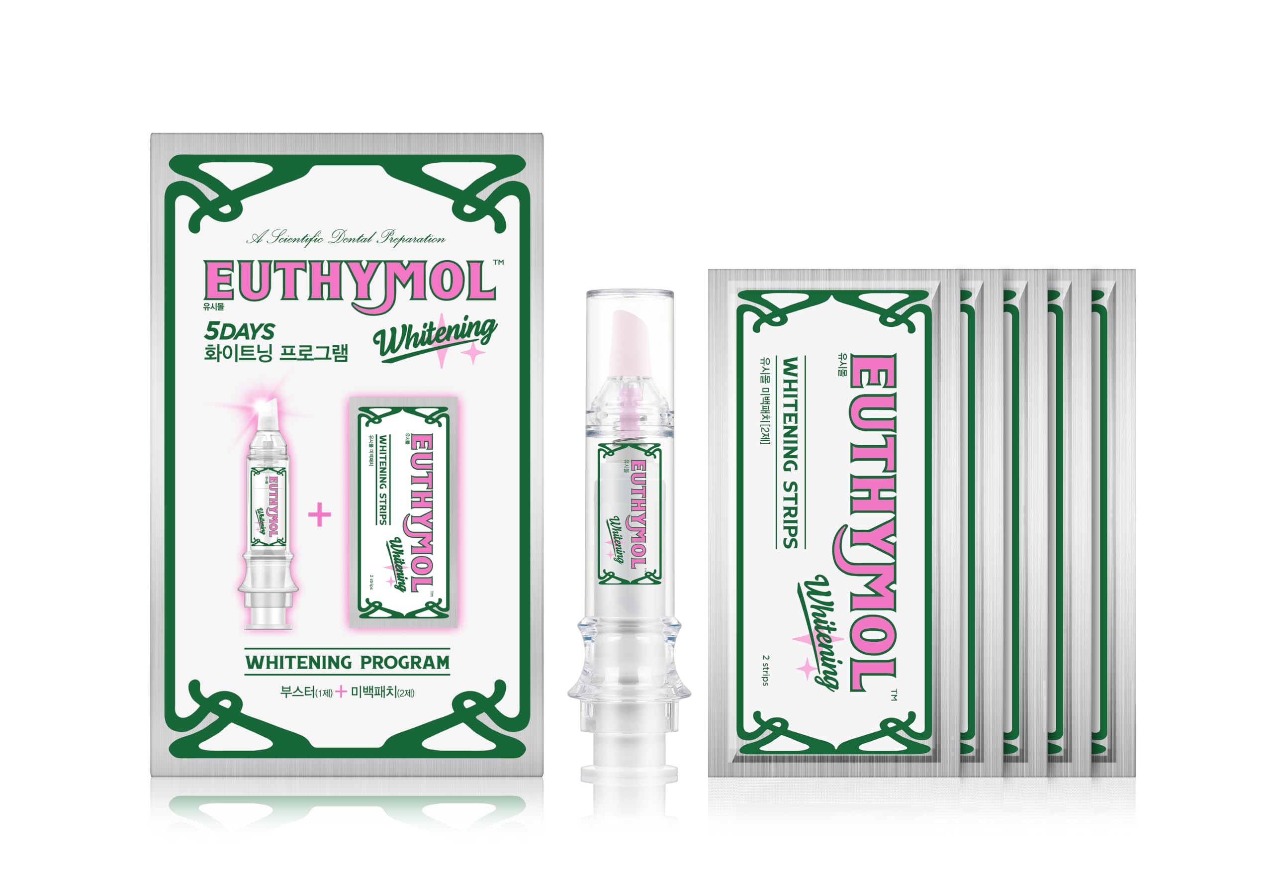 Euthymol booster gel showing pink to white color change for whitening progress
