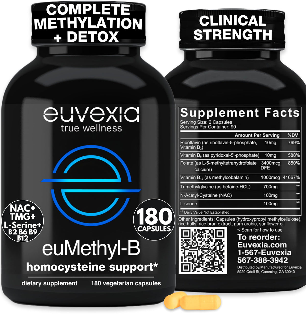Euvexia euMethyl-B bottle front highlighting complete methylated B complex benefits.