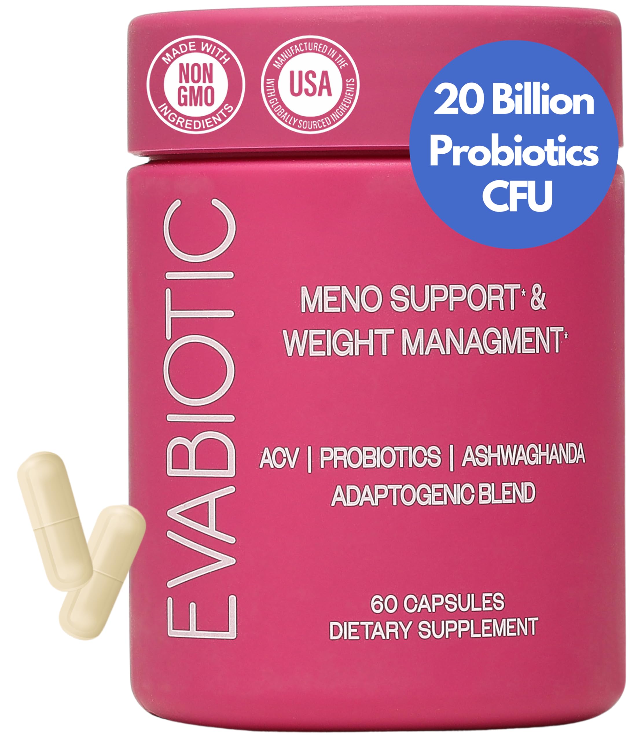 EVABIOTIC Complete Menopause Vitamins bottle supports energy and comfort during menopause.
