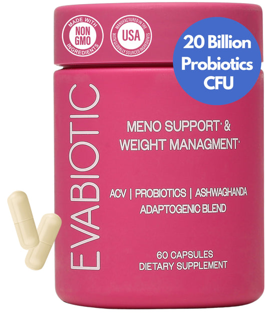 EVABIOTIC Complete Menopause Vitamins bottle supports energy and comfort during menopause.