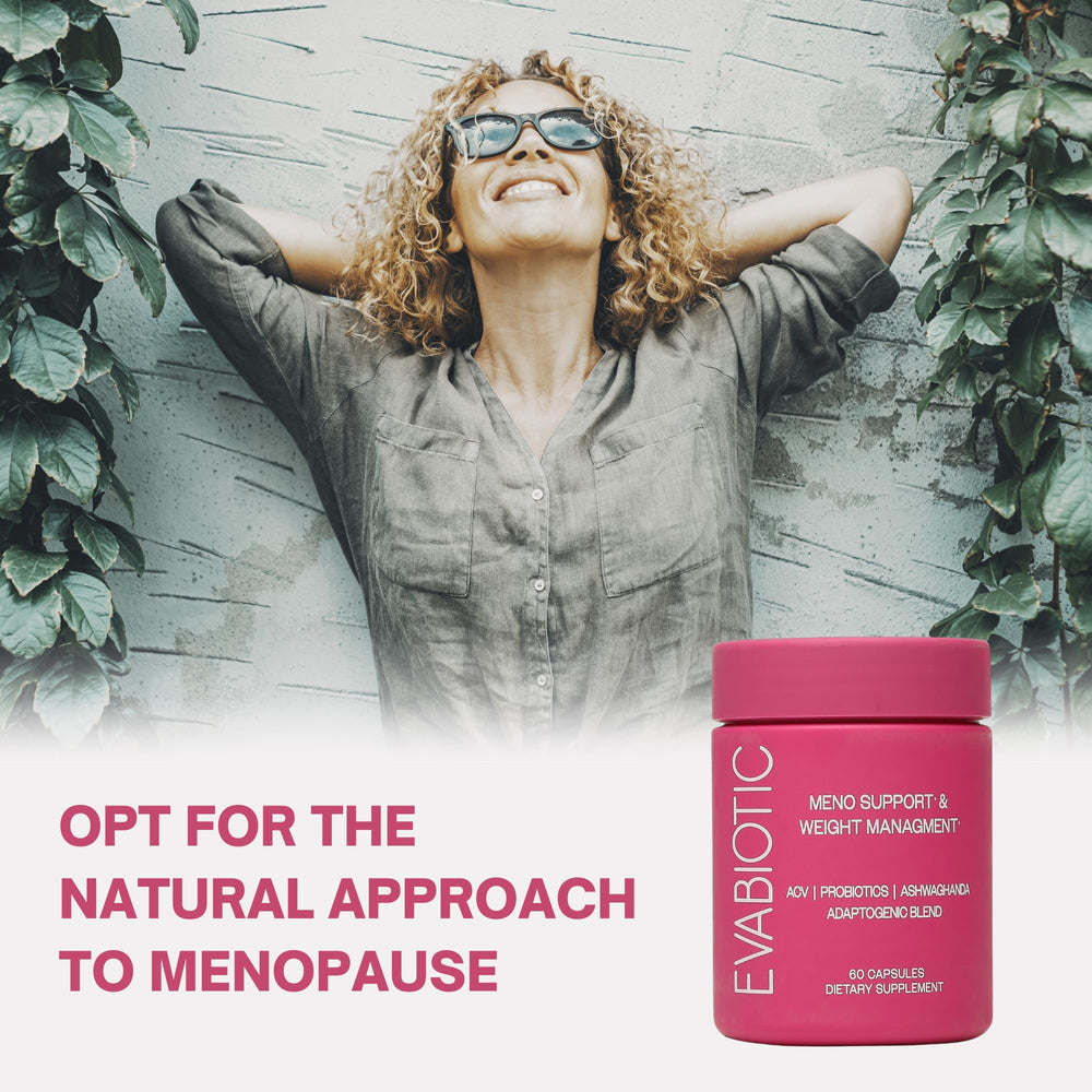 Close-up of EVABIOTIC capsules highlights ashwagandha and probiotics for balance.