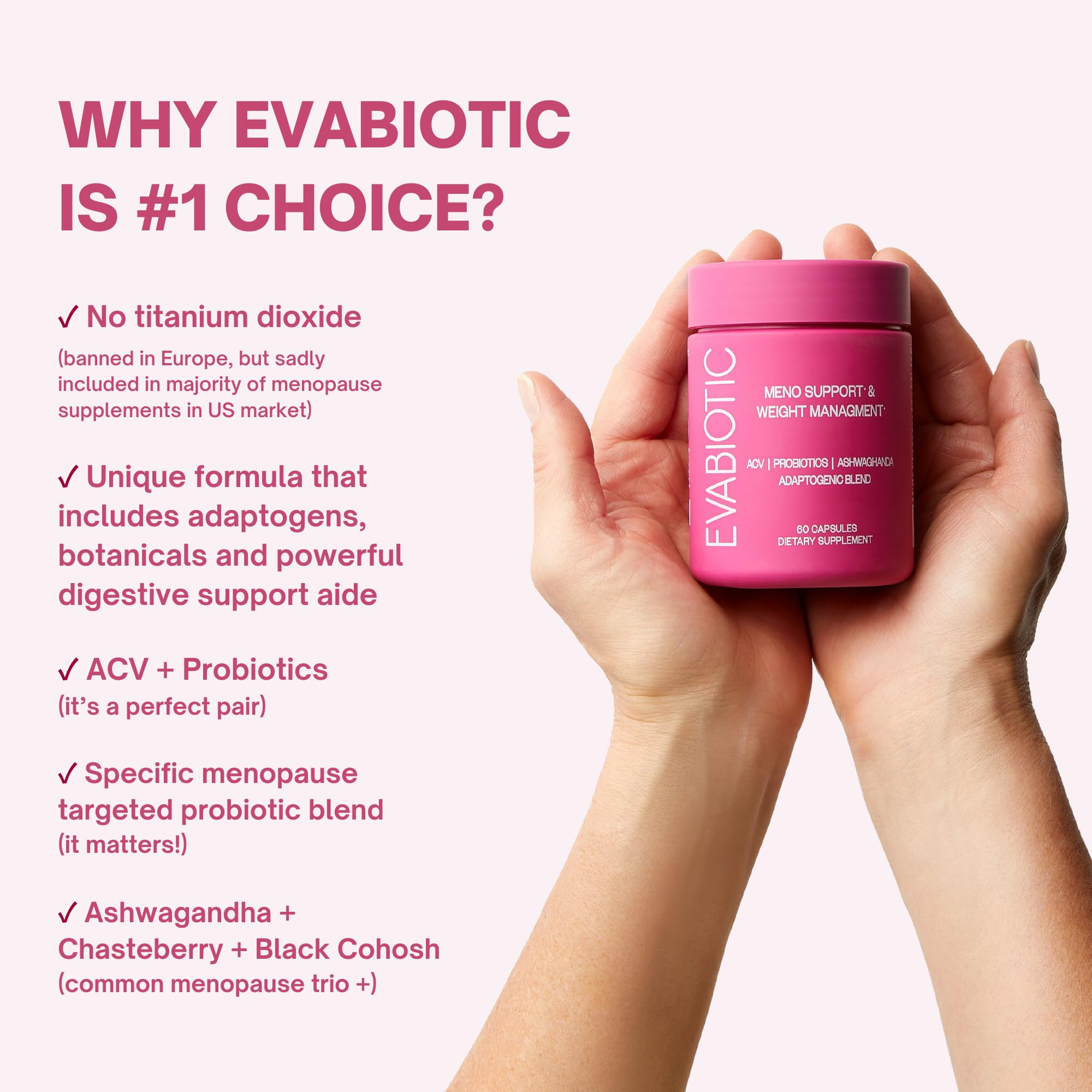 EVABIOTIC capsules on white background emphasize weight management and bloating relief.