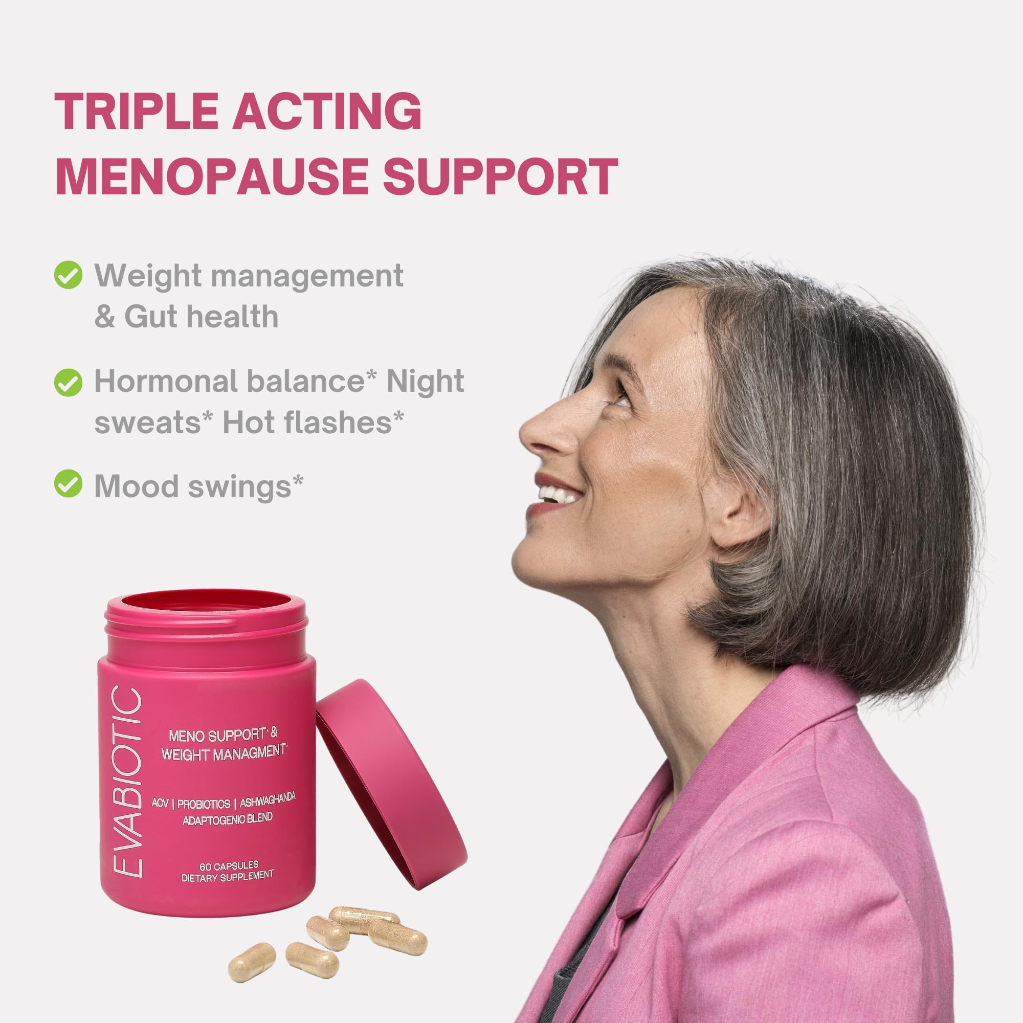 EVABIOTIC label front shows vegan, non-GMO formula for menopause support.