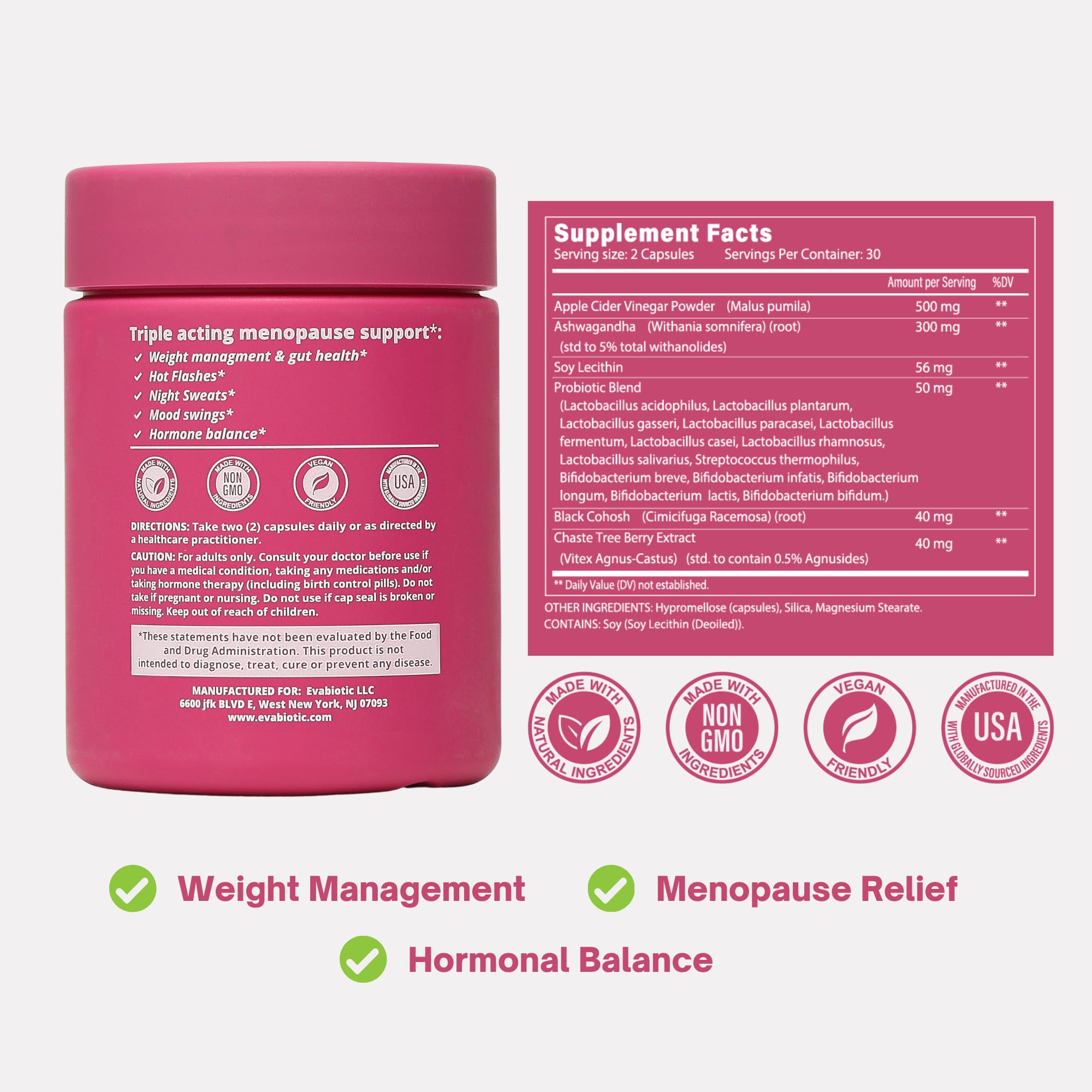 Close-up of EVABIOTIC probiotic capsules emphasizes gut health support.