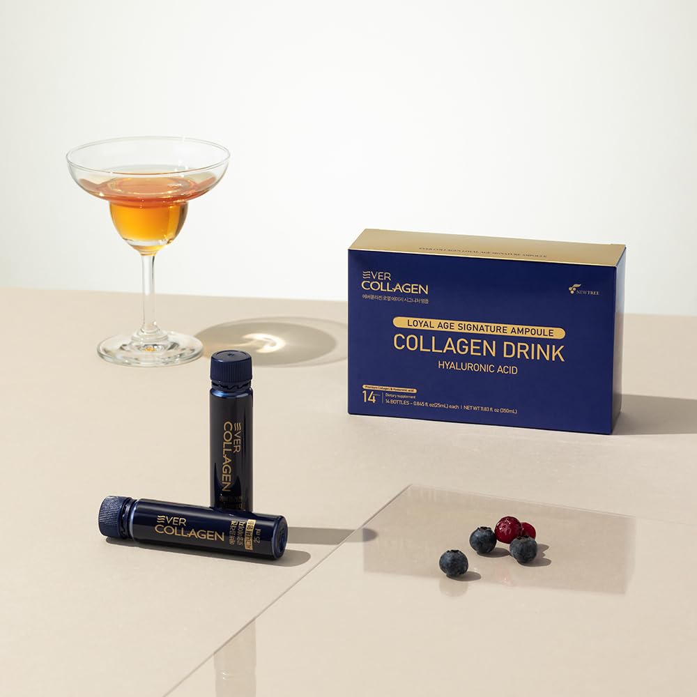 EVER COLLAGEN Loyal Age Signature Ampoule drink in glass emphasizes easy daily hydration for radiance.