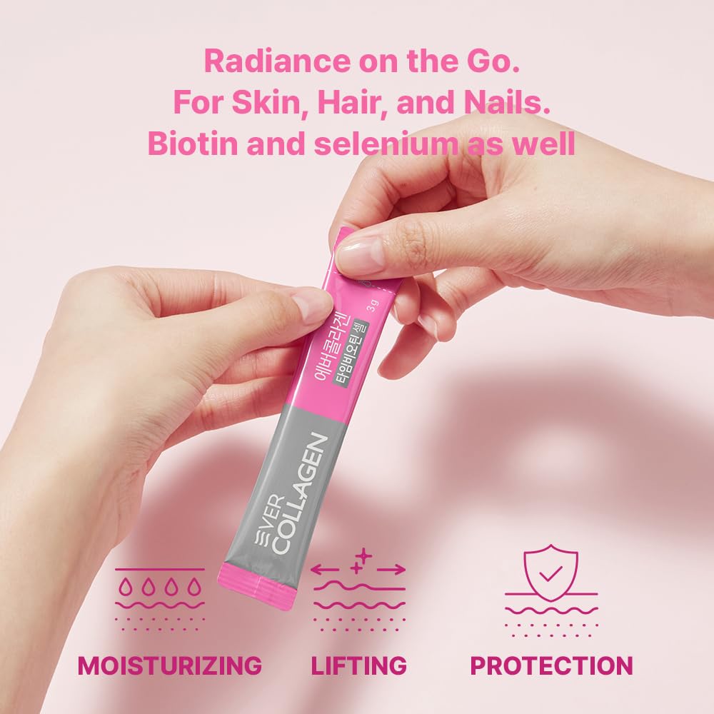 EVER COLLAGEN TIME pouring powder into liquid for quick beauty nutrition.