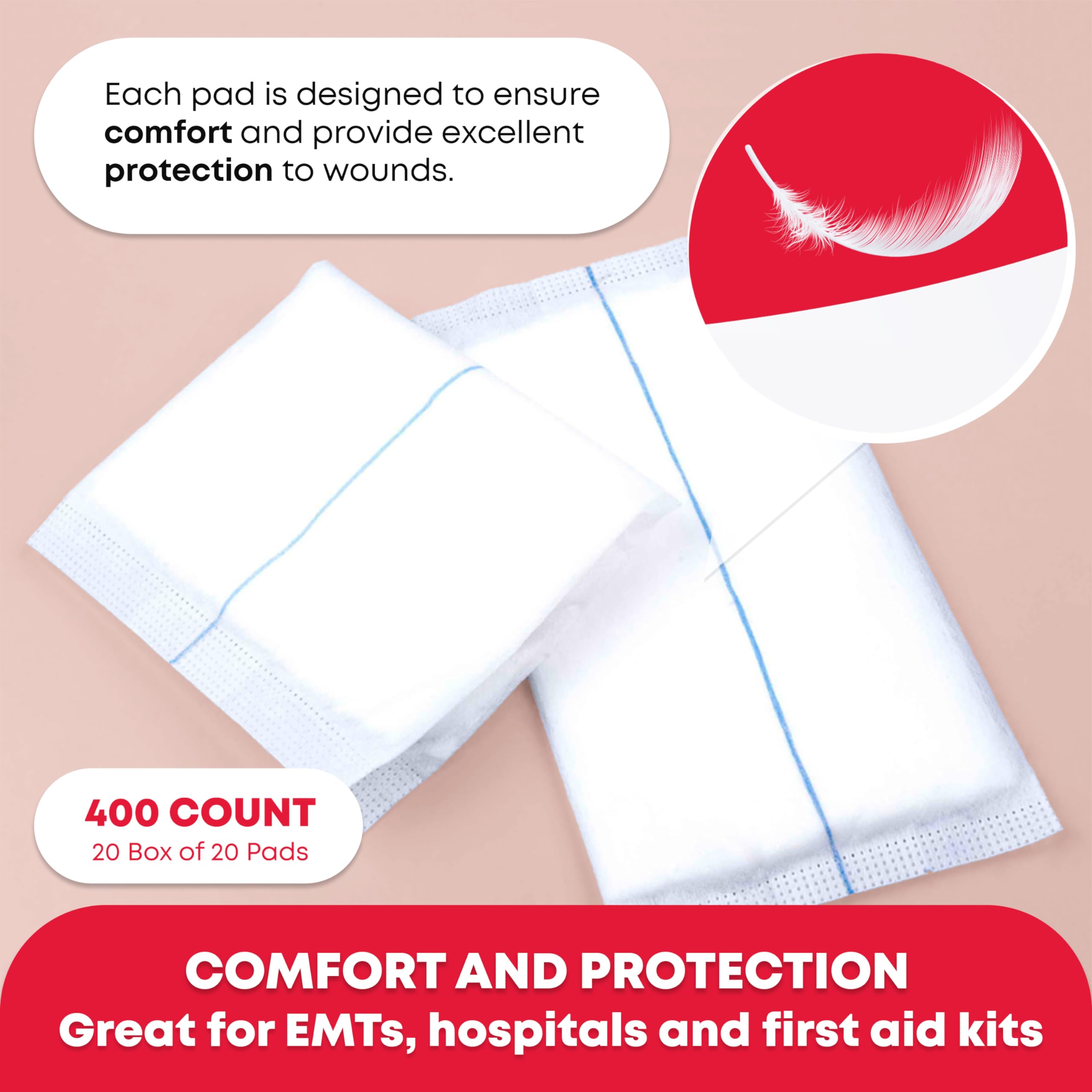 Ever Ready First Aid ABD pads 5x9 showing the non-stick outer layer for gentle dressing changes.