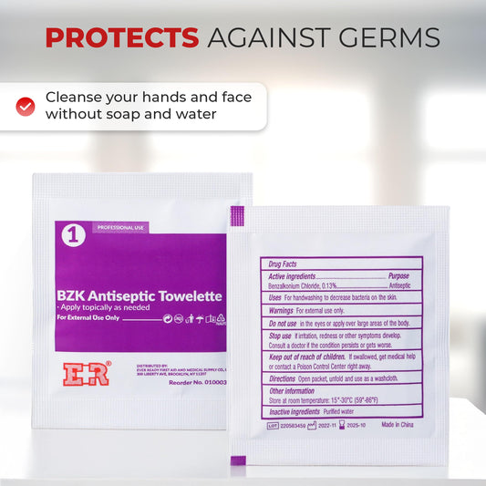 Ever Ready First Aid BZK wipes individually wrapped for portable usage.