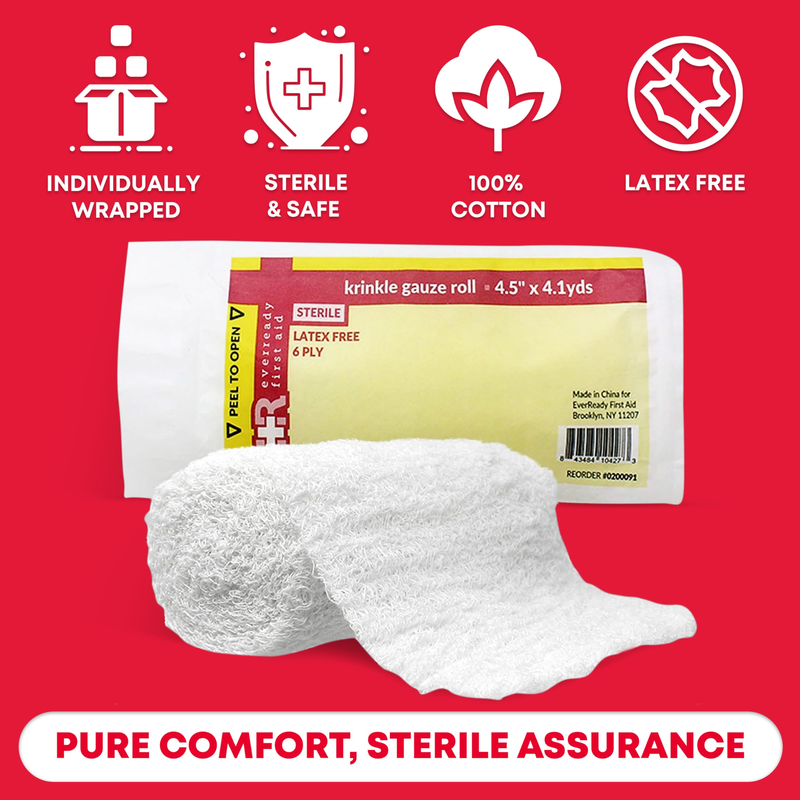 Ever Ready First Aid home kit includes sterile Krinkle Kerlix roll for quick wound coverage.