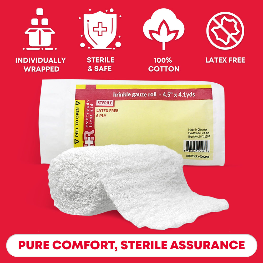 Ever Ready First Aid home kit includes sterile Krinkle Kerlix roll for quick wound coverage.