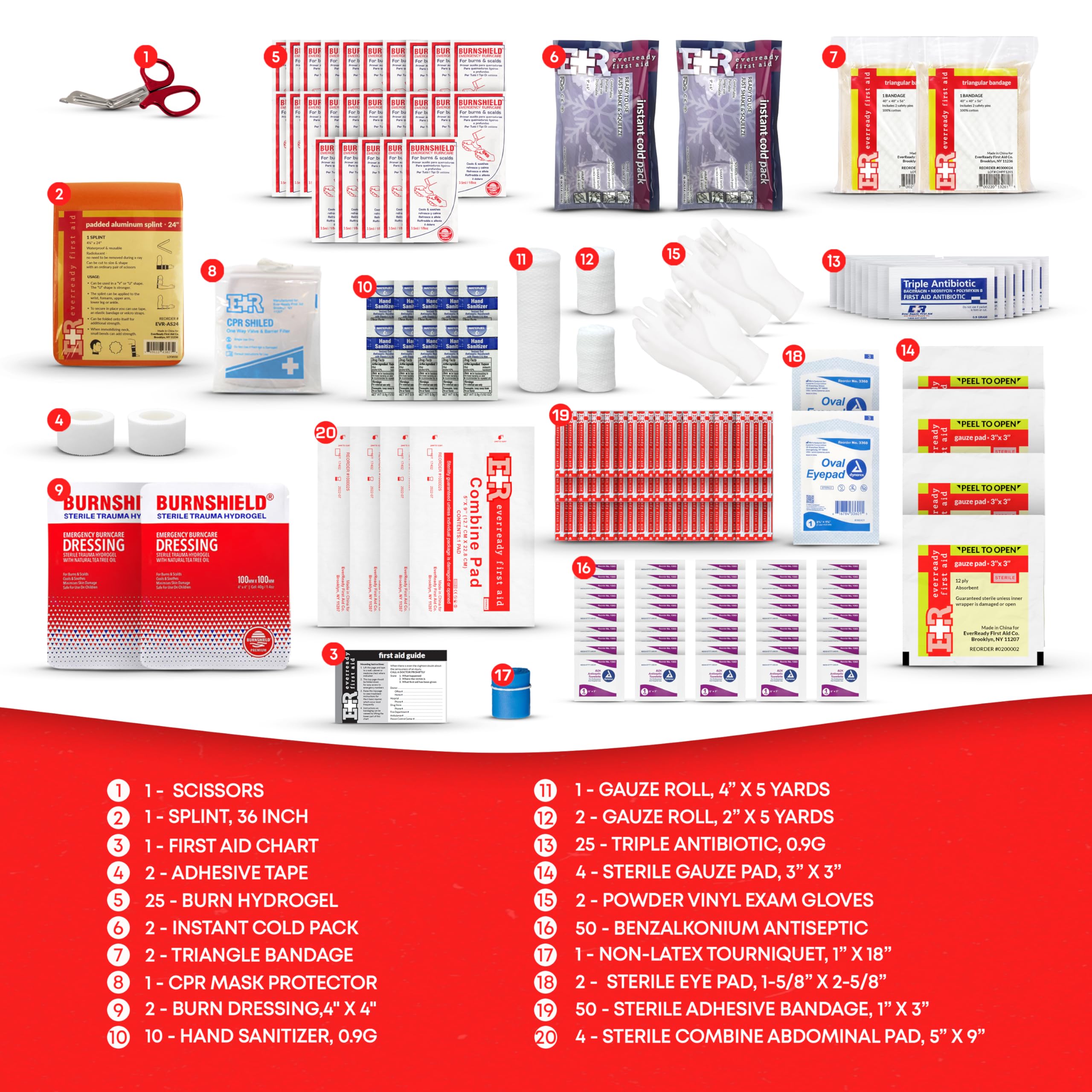 Ever Ready First Aid kit with wall-mount case open showing organized contents.