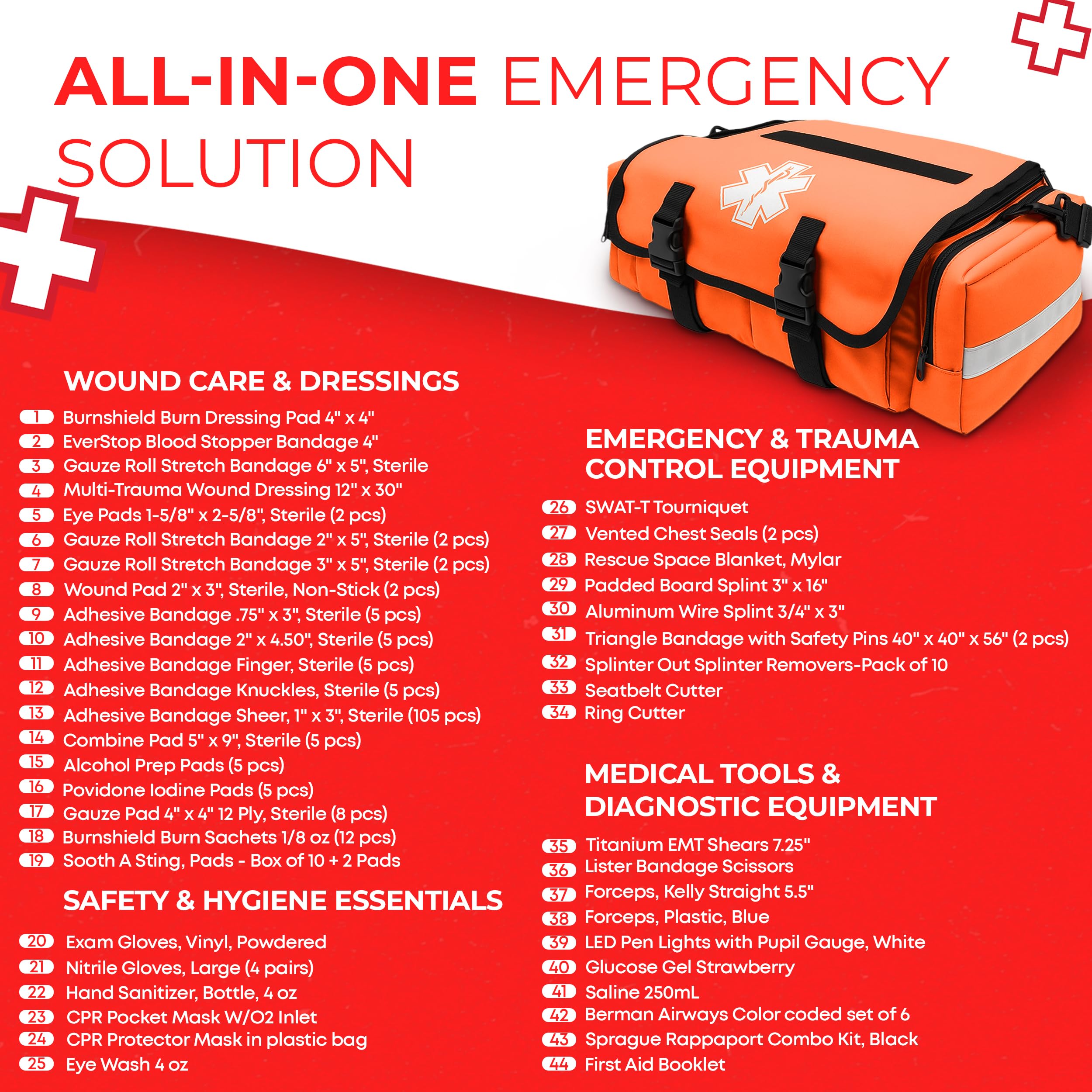 Ever Ready First Aid tourniquet and chest seals included for bleeding control.