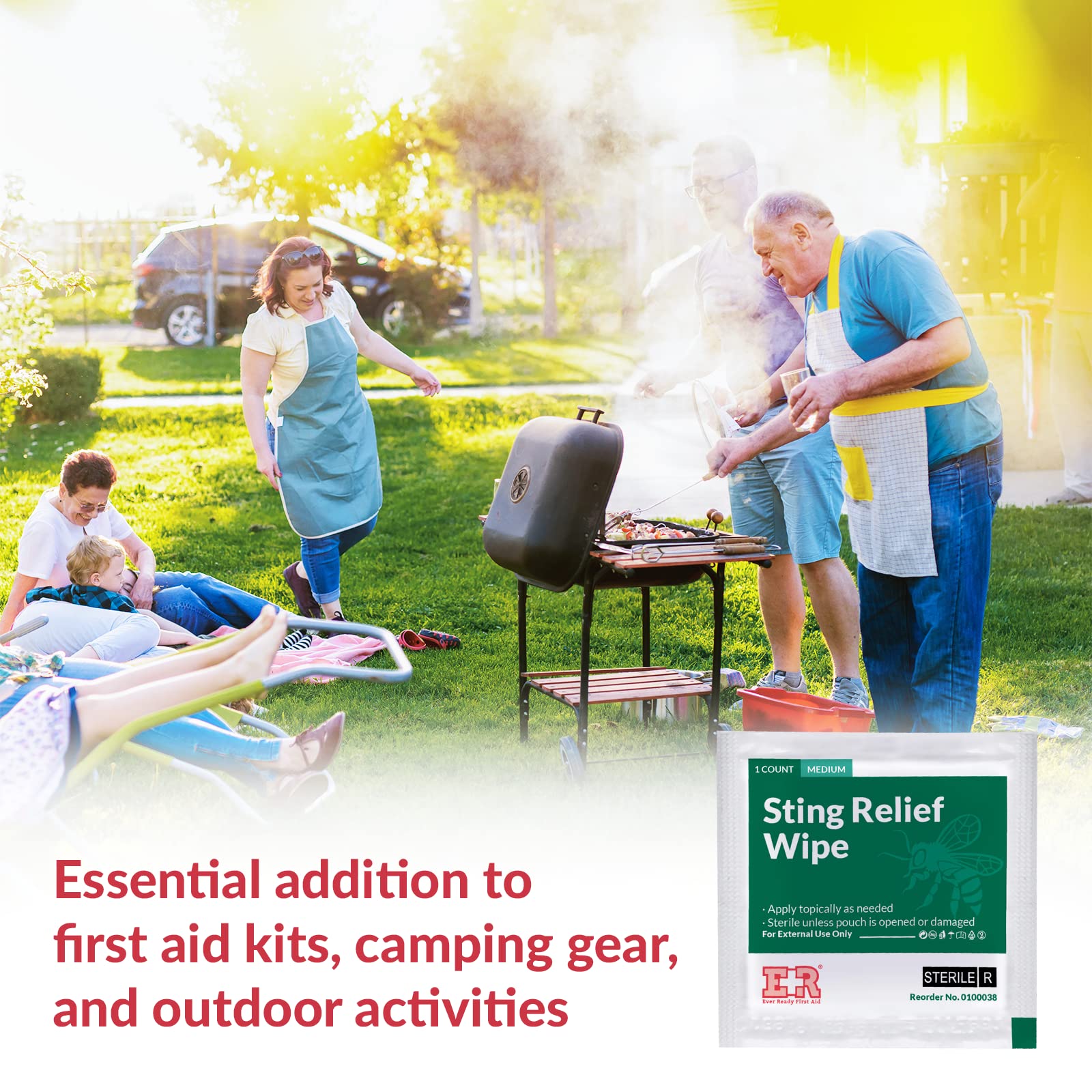 Outdoor scene showing Ever Ready Sting Relief Wipes for quick relief