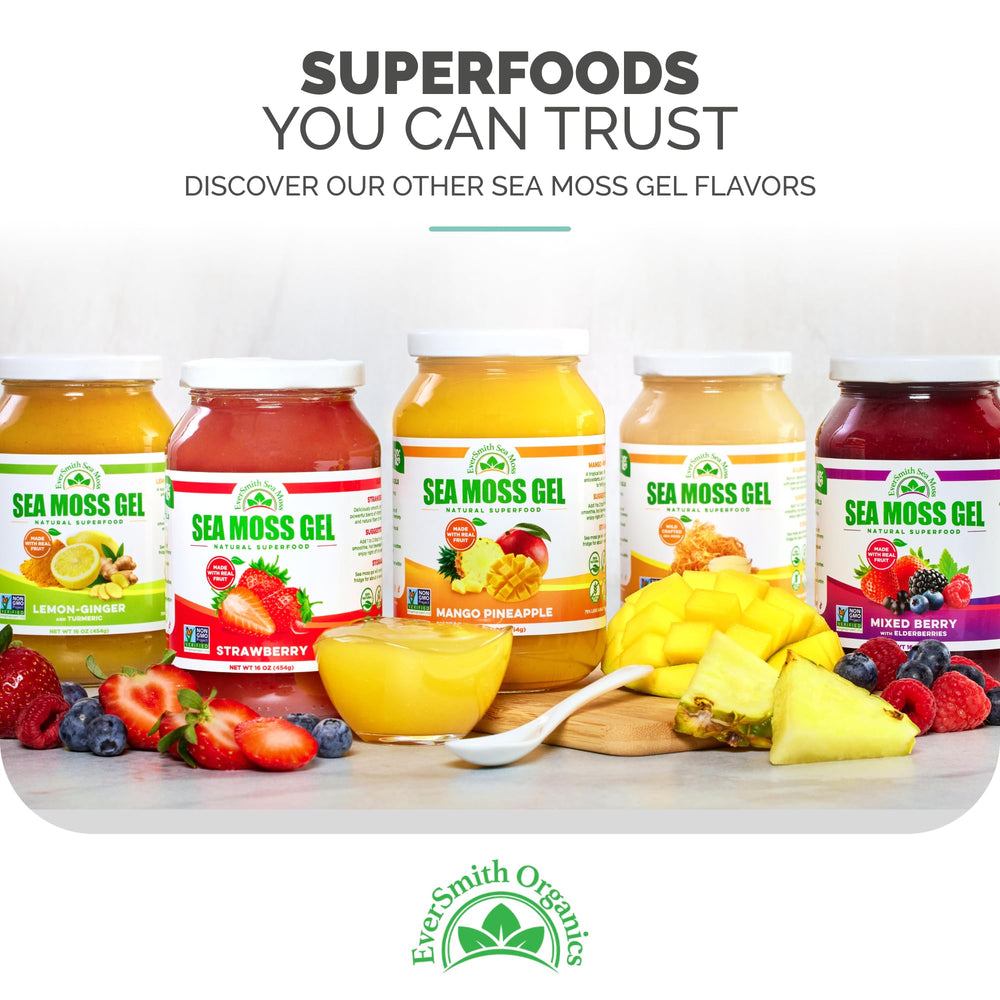 EverSmith Organics sea moss gel jar front showcasing shelf-stable convenience